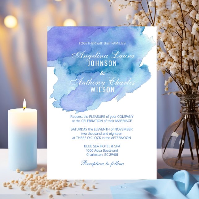 Blåfärgade Lila-bröllopsinbjudningar Inbjudningar (Watercolor Blue Teal Purple Wedding Invitations)