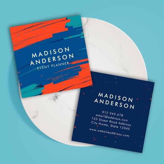 Blåfärgade, moderna, feta streck av brant Orange Fyrkantigt Visitkort (Skapare uppladdad)