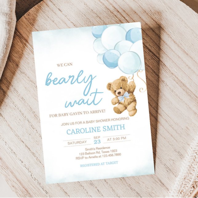 Blåfärgade Nallar - babyskor Inbjudningar (We Can Bearly Wait Blue Balloons Baby Shower Invitation)