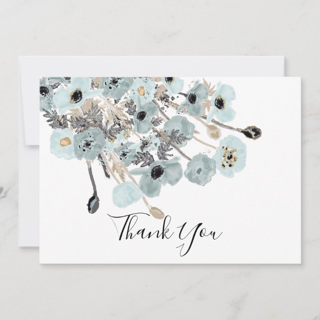 Blåfärgade och Grått-vattenfärgade Blommigtar Popp Tack Kort (Framsida)