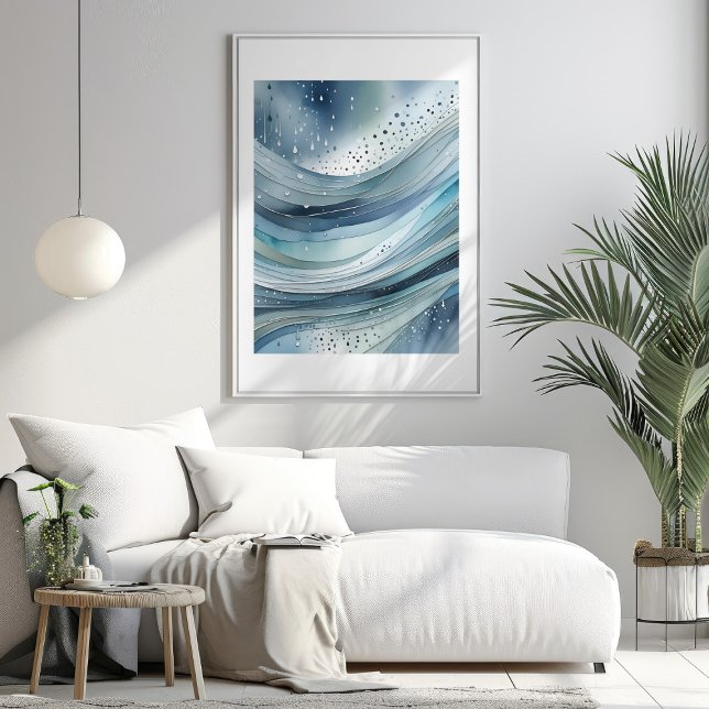 Blåfärgade raddroppar Abstrakt Vattenfärg Poster   (Blue Green Raindrops Abstract Watercolor Poster Mockup 1)