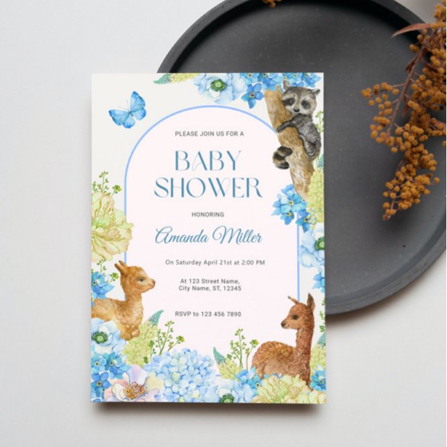 Blåfärgade rutedjur Blommor Baby Shower Inbjudningar (Skapare uppladdad)