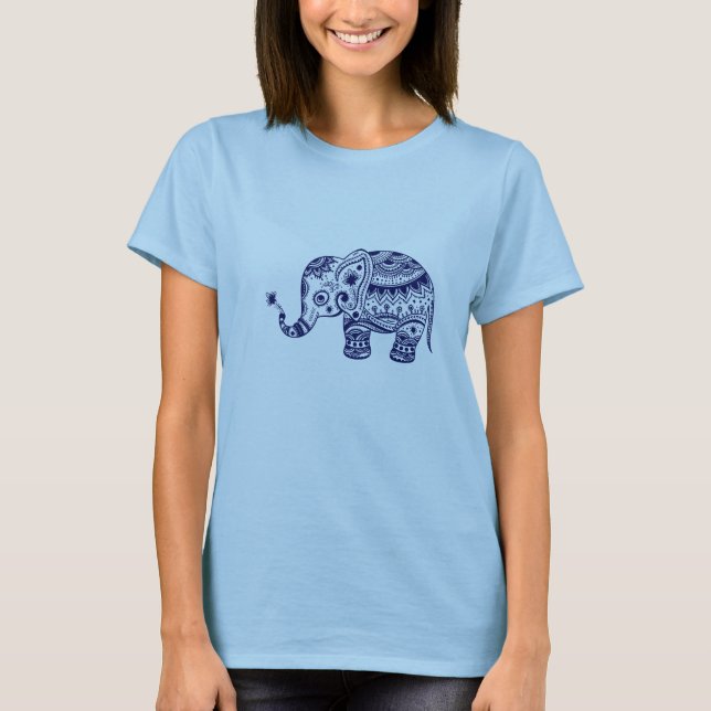 Blåfärgade toner Cute Flower Elephant Tee (Framsida)