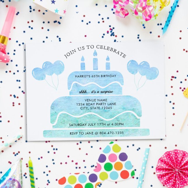 Blåfärgade vattenfärgsbubblor i Grönt 65e födelsed Inbjudningar (Blue Green Watercolor Cake Balloons 65th Birthday Invitation)