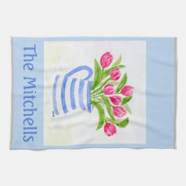 Blåfärgade vattenfärgstulpaner, blåfärgstumlare fö kökshandduk