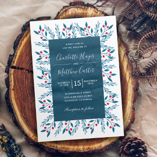 Blåfärgat Blommigt Watercolor Winter Wedding Inbjudningar