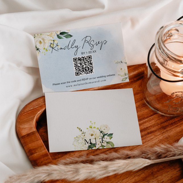 Blåfärgat Bröllop OSA-kort för Vit ros Spara Datumet (Skapare uppladdad)