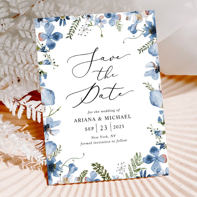 Blåfärgat Bröllop spara datum-kort för Blommigt Inbjudningar (Skapare uppladdad)