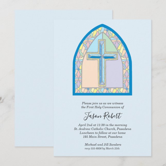 Blåfärgat glasfönster, första komunion inbjudningar (Fram/baksida)