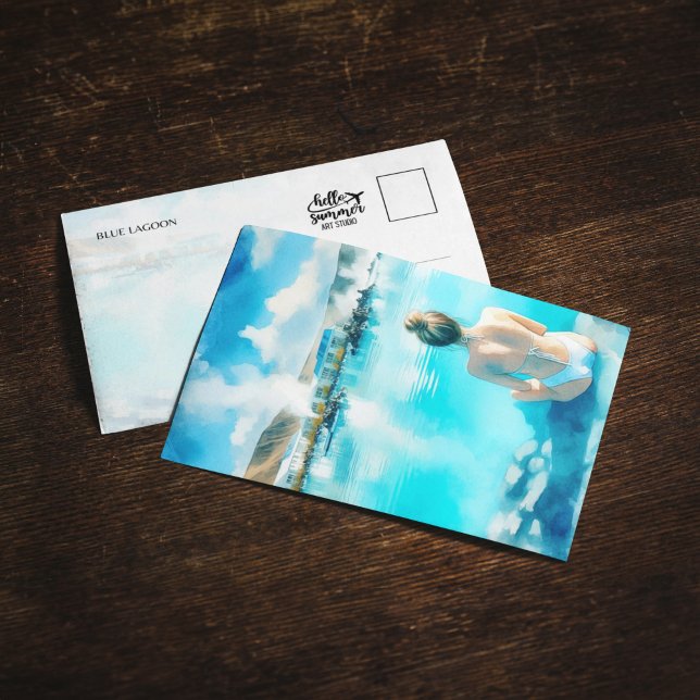 Blåfärgat lagunskt Island - vykort för vattenfärg (Skapare uppladdad)