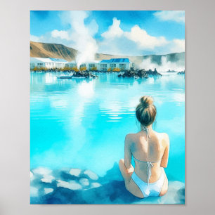 Blåfärgat lagunskt Island - vykort för vattenfärg Poster