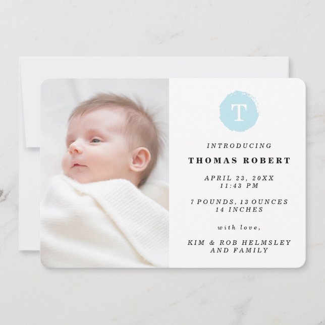 Blåfärgat monogram - meddelande om födelsetal (Framsida)