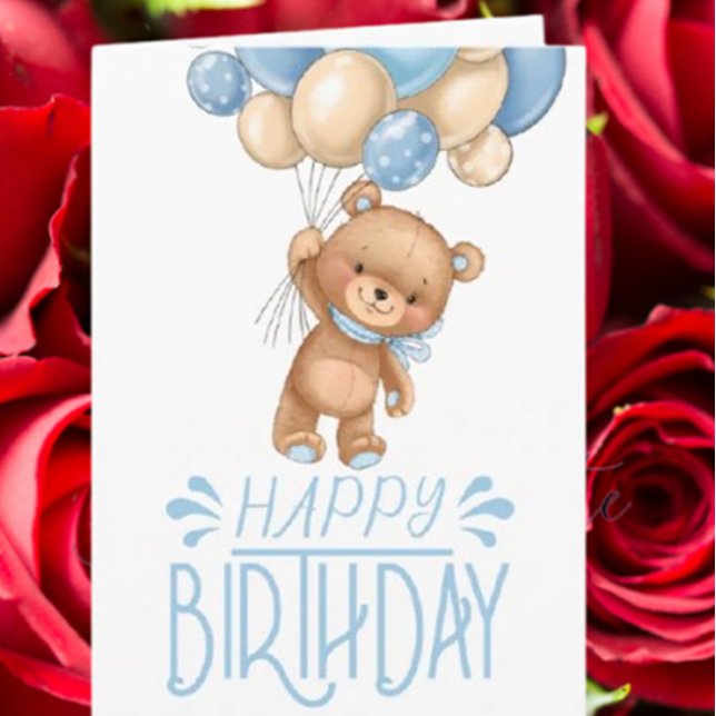Blåfärgat tonerballongkort kort (Celebrate a boy’s  birthday with this adorable blue balloons and teddy card. )
