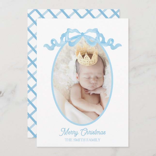 Blåfärgat vattenfärgkort Pojke Helgdag Julkort (Fram/baksida)