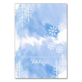 Blåfärgat vinterplatskort för träd bordsnummer