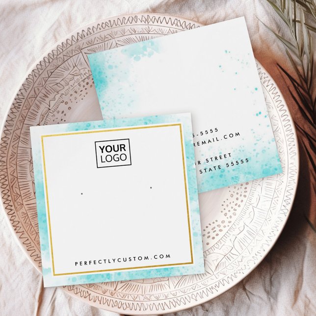 Blåfärgat visning för logotyp i gräns fyrkantigt visitkort (Blue watercolor border logo earring display card)