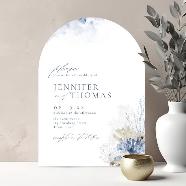 Blåfärgkorall och strandbröllop på stranden inbjudningar (Blue watercolor coral & seashells beach wedding invitation)