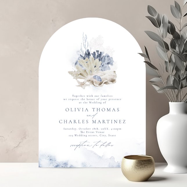 Blåfärgkorall och strandbröllop på stranden inbjudningar (Blue watercolor coral & seashells beach wedding invitation)