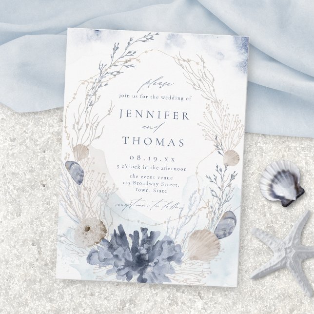 Blåfärgkorall och strandbröllop på stranden inbjudningar (Blue watercolor coral & seashells beach wedding invitation)