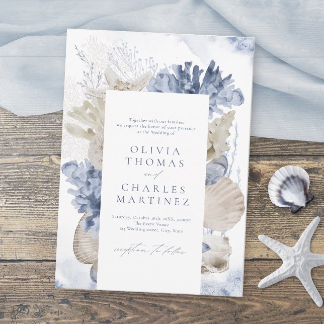 Blåfärgkorall och strandbröllop på stranden inbjudningar (Blue watercolor coral & seashells beach wedding invitation)