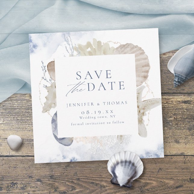 Blåfärgkorall och strandbröllop på stranden spara datumet (Blue watercolor coral & seashells beach wedding save the date)