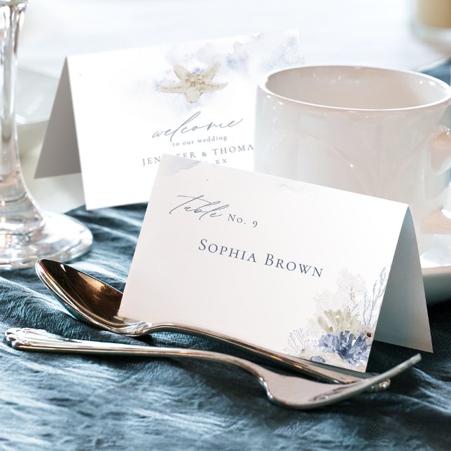 Blåfärgkorall och stranden på stranden bordsnummer (Blue watercolor coral & seashells beach Wedding Table Number)