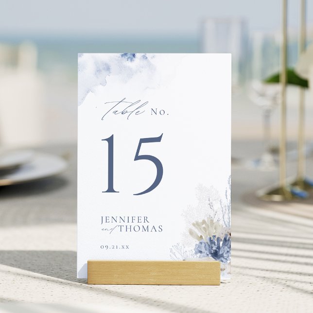 Blåfärgkorall och stranden på stranden bordsnummer (Blue watercolor coral & seashells beach Wedding Table Number)