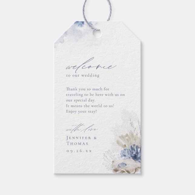 Blåfärgkorall och stranden på stranden presentetikett (Framsidan)