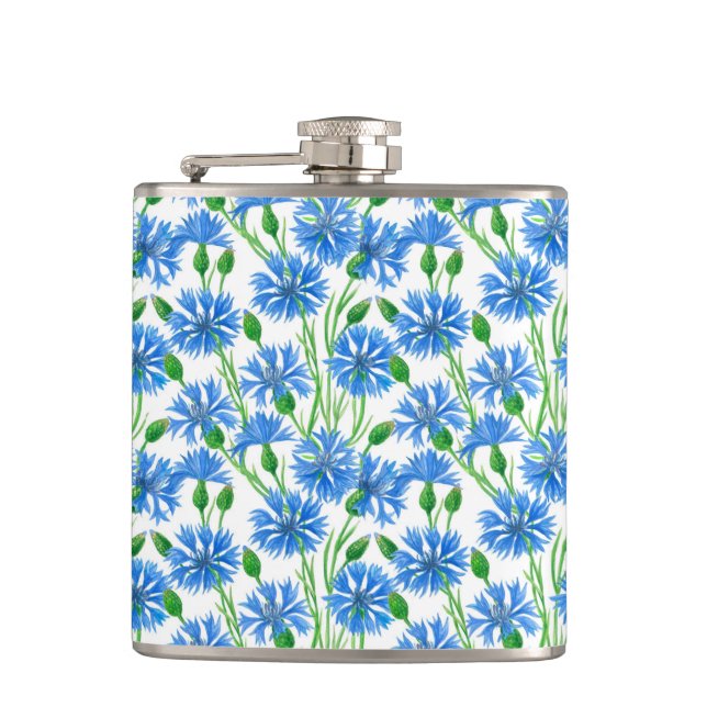 Blåfärgkornblommor, vild blommor på vitt fickplunta (Framsidan)