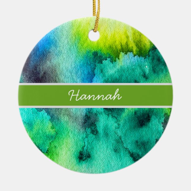 Blåfärgning av Grönt - vattenfärgskonst Julgransprydnad Keramik (Framsidan)