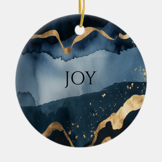 Blåfärgsfärg med guld-kryss julgransprydnad keramik (Framsidan)