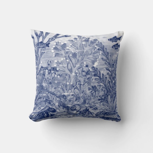 Blåfärgsfärg under Sea Ocean Beach House Crab Kudde (Framsida)