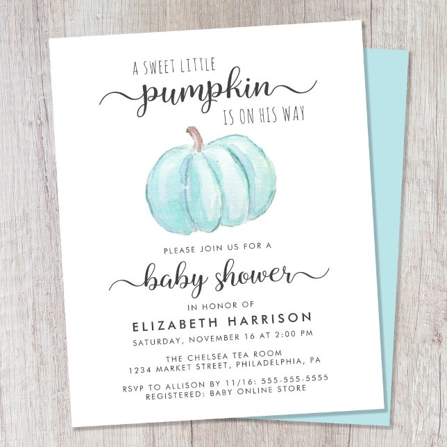 Blåfärgsinbjudan för babyvisningsprogrammet Pumpki (Celebrate the upcoming arrival of your little autumn baby boy with a pumpkin-themed baby shower)