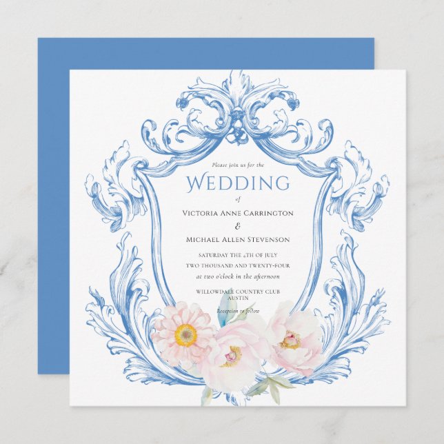 Blåfärgsinbjudan till Blommigten Vintage bröllop (Fram/baksida)