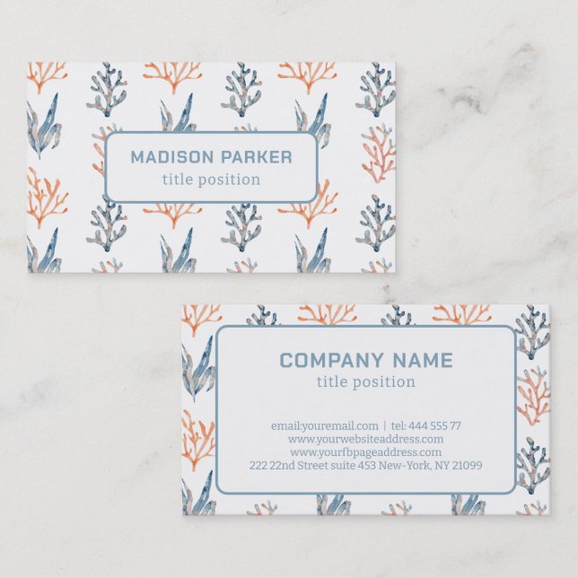 Blåfärgskoraller och Orangar för vattenfärg Visitkort (Fram/baksida)