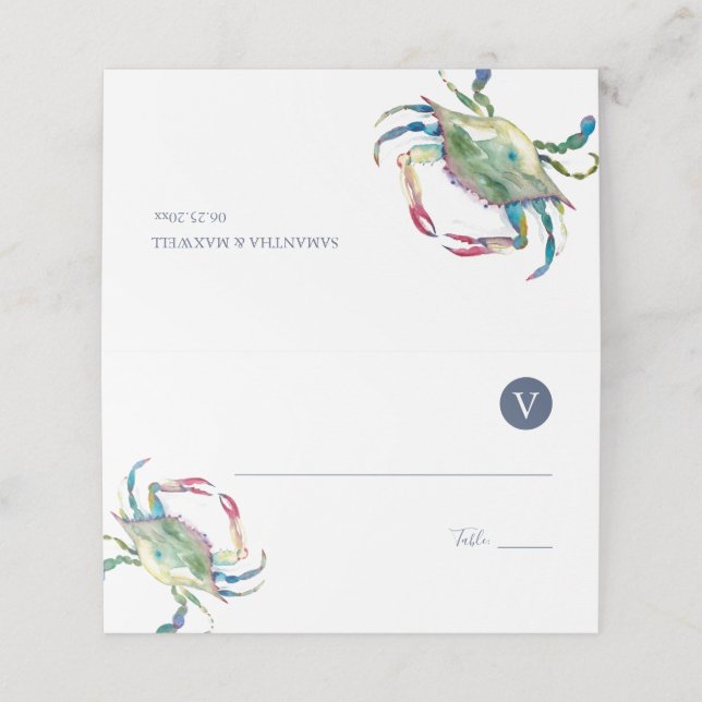 Blåfärgskort för vattenfärg - Beach-bröllop Placeringskort (Utvändigt utvikt)