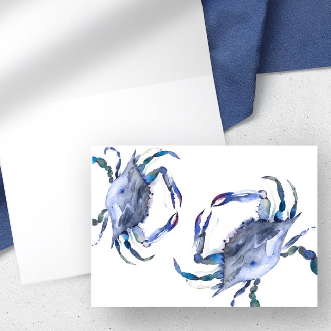 Blåfärgskort med vattenfärg, tomt insida tack kort (Watercolor crab folded notecard in shades of blue by Victoria Grigaliunas of Do Tell A Belle)