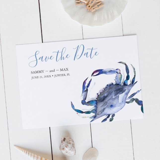 Blåfärgskrubben Spara datum Datumet (Non photo wedding save the date invitations watercolor blue crab art by Victoria Grigaliunas)