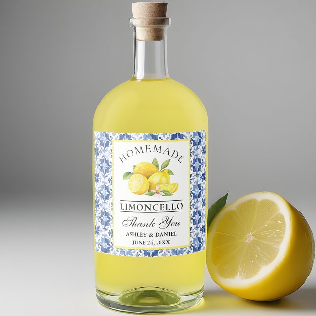 Blåfärgslemons Blue Tile Limoncello Spritflaskor Etikett (Customize to change text size, color or text style.)