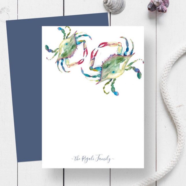 Blåfärgstall för Personlig av vattenfärg i Blått C Anteckningskort (Personalized stationery watercolor blue crab art by Victoria Grigaliunas of Do Tell A Belle)