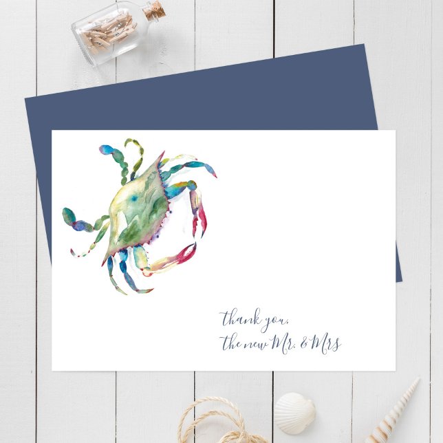 Blåfärgstall för Tack av vattenfärg Anteckningskort (Crab note cards watercolor blue crab art by Victoria Grigaliunas of Do Tell A Belle)