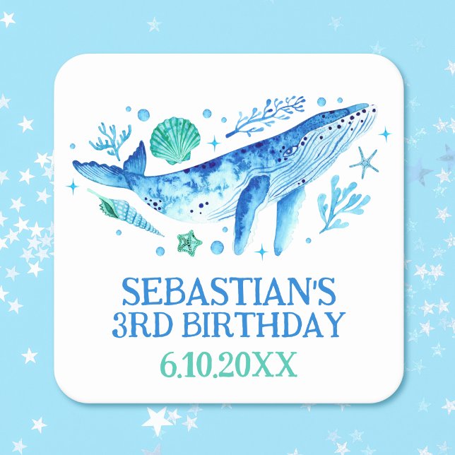 Blåfärgsval under Sea Party Underlägg Papper Kvadrat (Blue Watercolor Whale Under the Sea Party Square Paper Coaster)