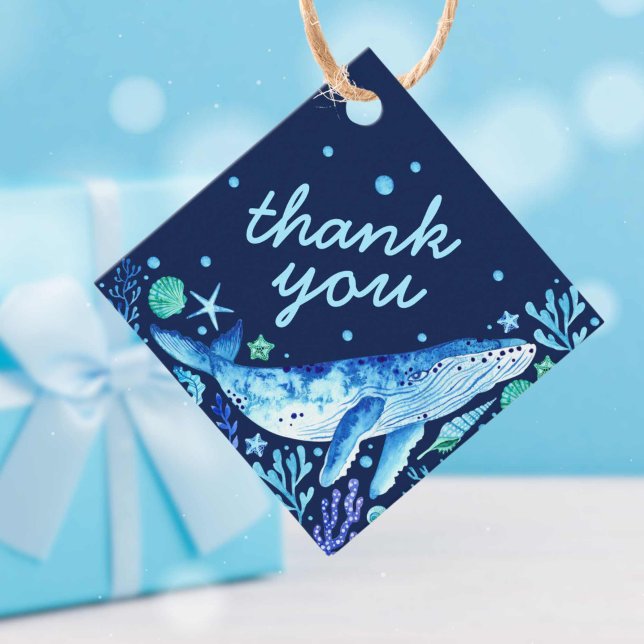 Blåfärgsval under Sea Tack Gåvor Etiketter (Blue Watercolor Whale Under the Sea Thank You Favor Tags)