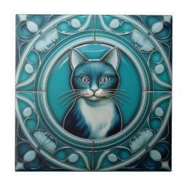 Blåfenad faux-lättnad, Art nouveau Cat Kakelplatta