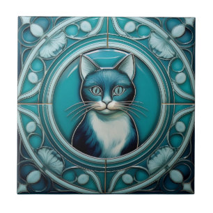 Blåfenad faux-lättnad, Art nouveau Cat Kakelplatta