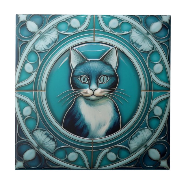 Blåfenad faux-lättnad, Art nouveau Cat Kakelplatta (Framsidan)