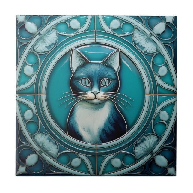 Blåfenad faux-lättnad, Art nouveau Cat Kakelplatta (Framsidan)