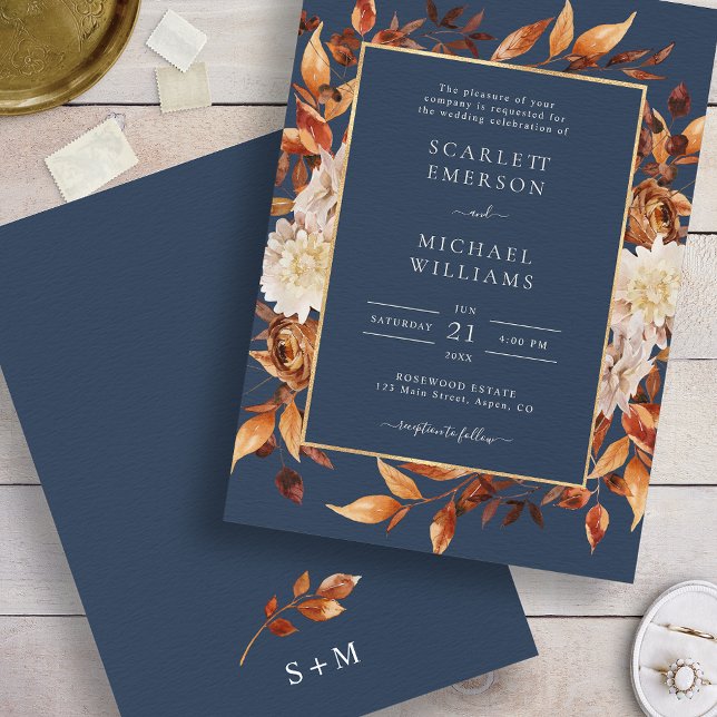 Blåfenad flotta Blommigt Bröllop Inbjudningar (Navy Blue Fall Floral Wedding Invitation
)