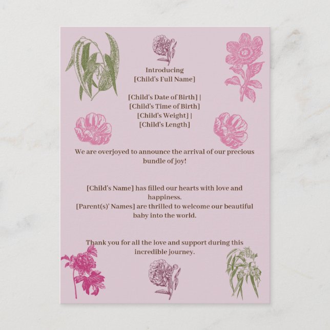 Blåfenad födelsevarning för Eucalyptus Girl Birth Meddelande Vykort (Framsida)