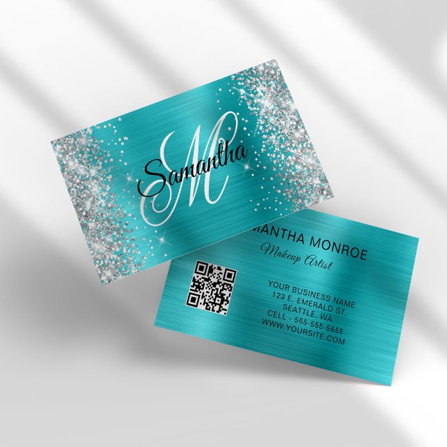 Blåfenad olja, monogram QR-kod, silver Glitter Visitkort (Silver Glitter Aqua Blue Foil Monogram QR Code Business Card)